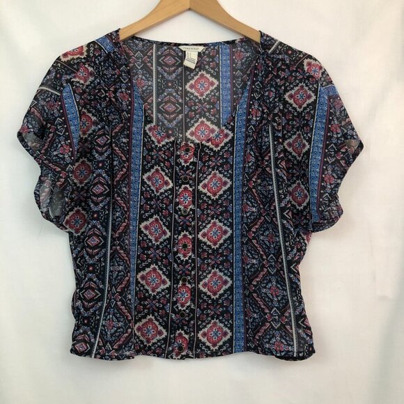 FOREVER 21 Black Pink Boho Geo Print Tile Print Boho Sheer Crop Top JUNIORS - Picture 2 of 5